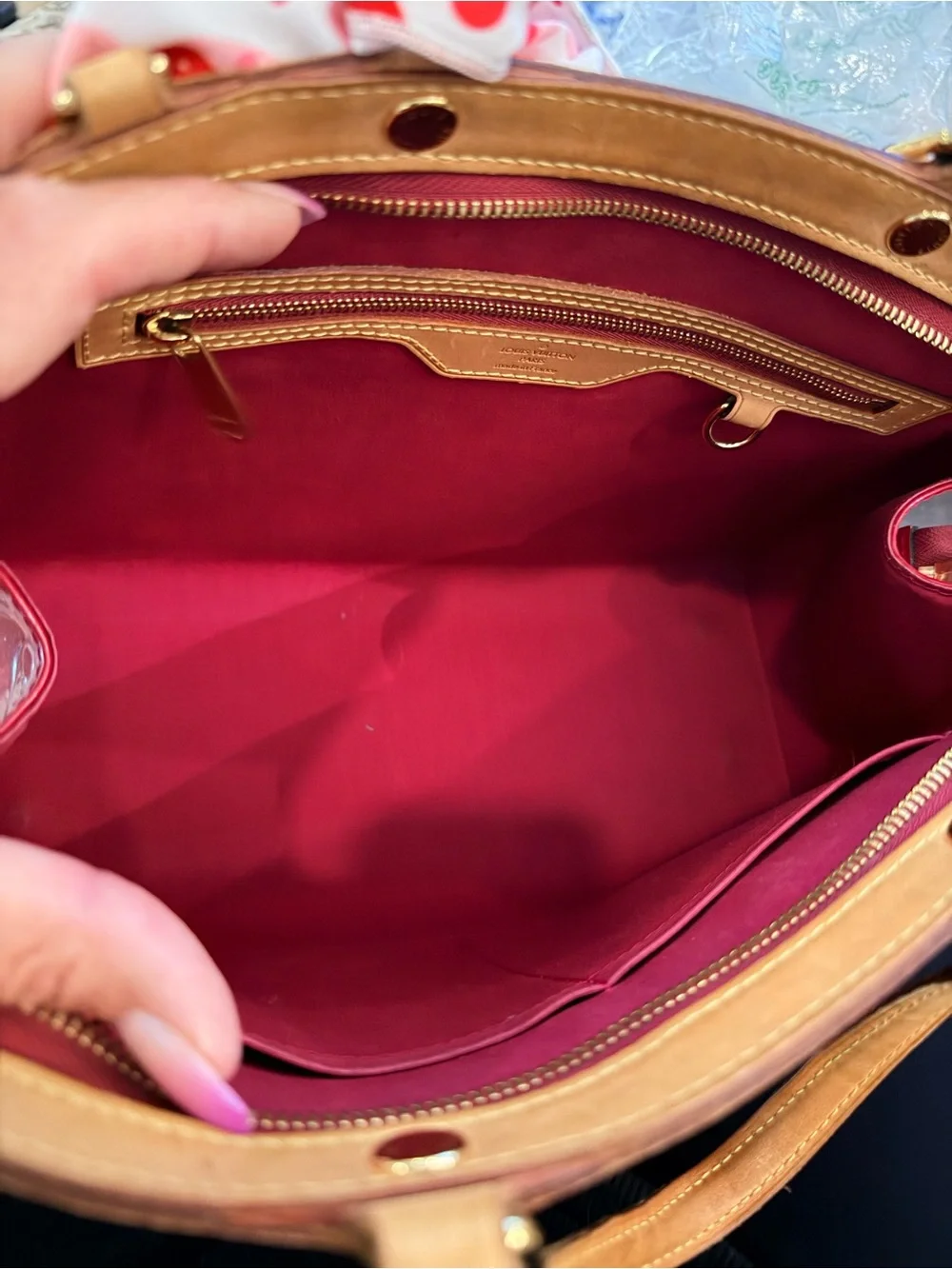 EUC Louis Vuitton Vernis Red Alma PM with Strawberry Scarf Accent